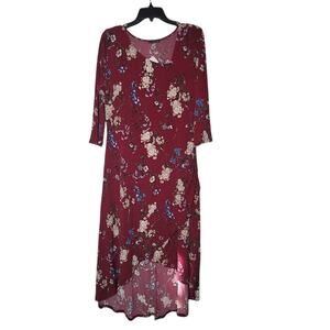 NEW West Kei Burgundy Floral Midi Dress LARGE Hi Low Hem Asymmetrical Collar